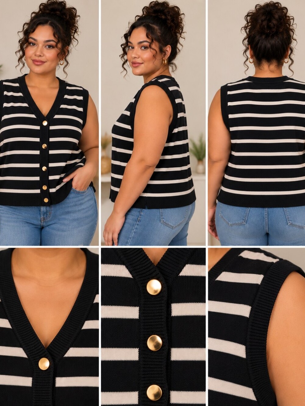 SHEIN Curve Dark Navy & White Striped Button-Front Sweater Vest – Size 3XL